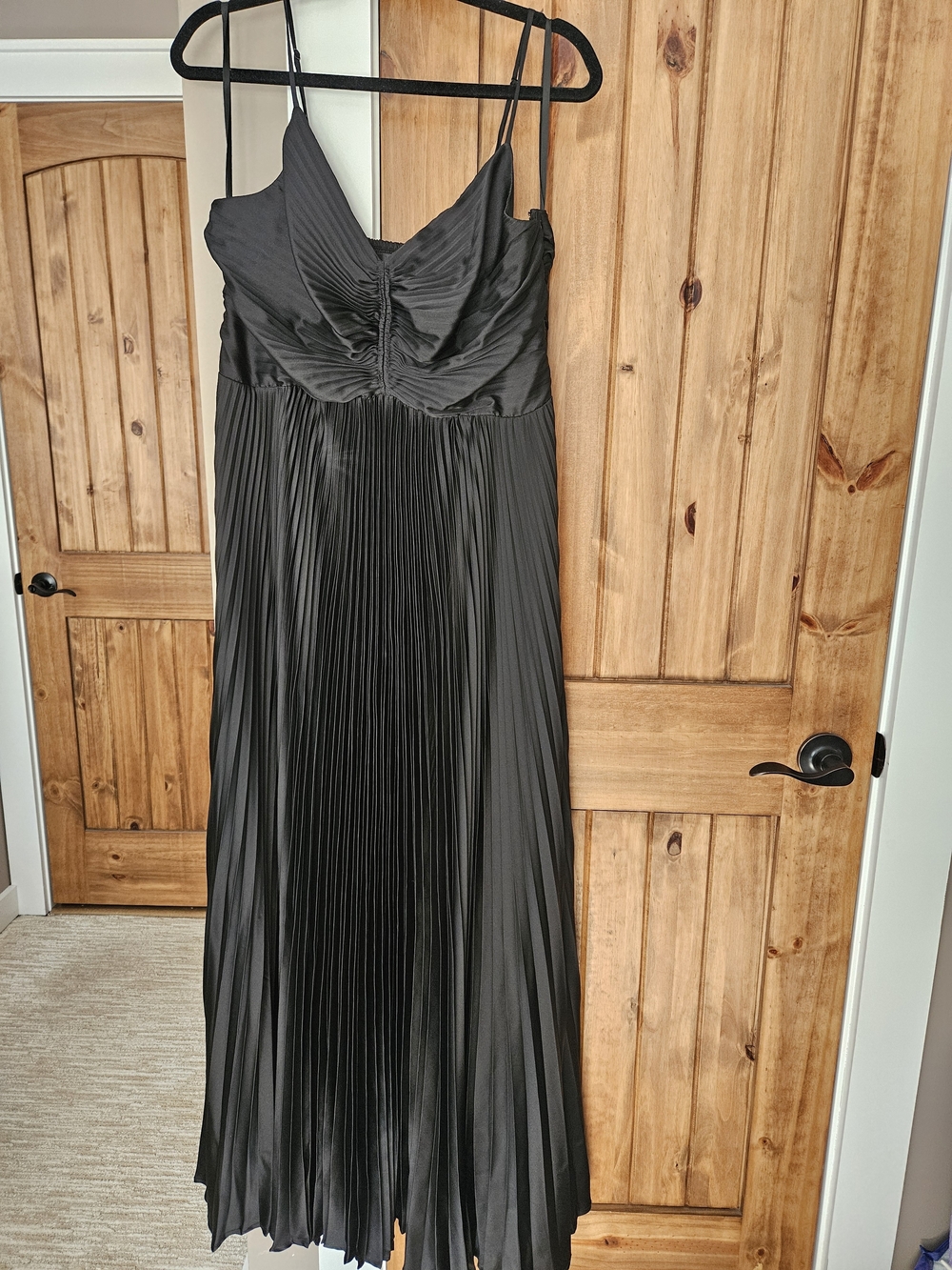 White House Black Market Black Pleated Satin Maxi Dress with Spaghetti Straps